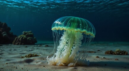 Under water  world: beautiful green blue neon Jellyfish swim. copy text