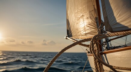 Sailing boat on the ocean. Sailing boat glides on the open sea at sunset
