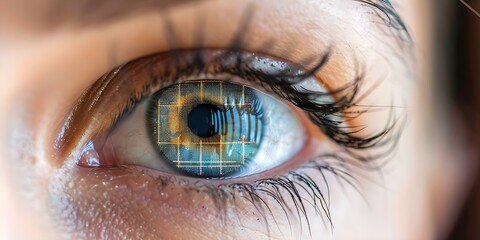 Closeup human eye with hologram elements for ID verification or vision correction. Concept Closeup Photoshoot, Human Eye, Hologram Elements, ID Verification, Vision Correction
