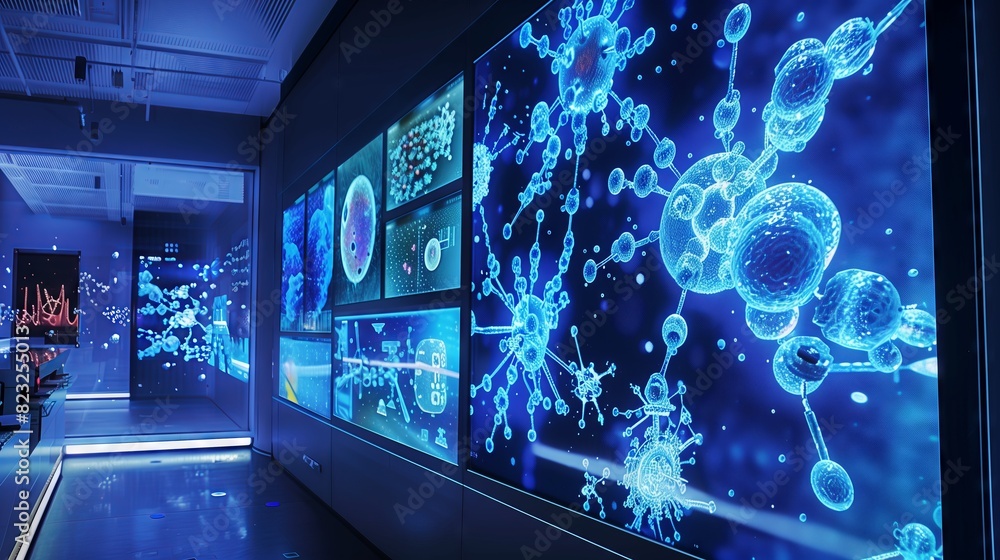 Poster a cutting-edge nanotech lab showcases nanobot and molecular images on interactive screens for an imm