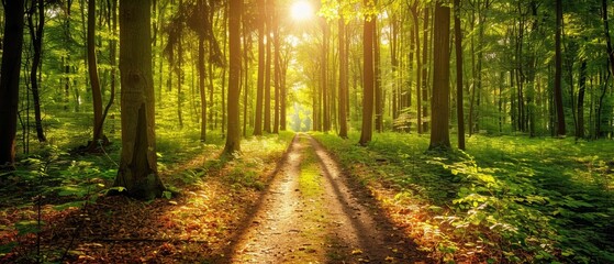 Forest path with sunlight filtering through the trees, promoting nature conservation