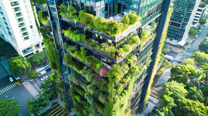 Obraz premium Aerial view of the exterior wall of an office building with green plants on top and below