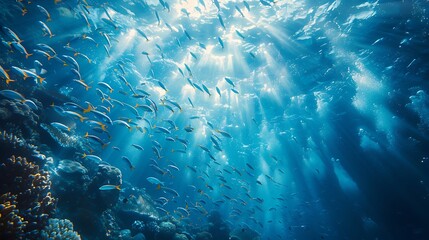 Beneath azure waters of the Great Barrier Reef a school of tropical fish dance in a mesmerizing underwater ballet