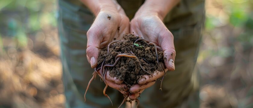 Hands holding a clump of soil with earthworms, illustrating healthy soil