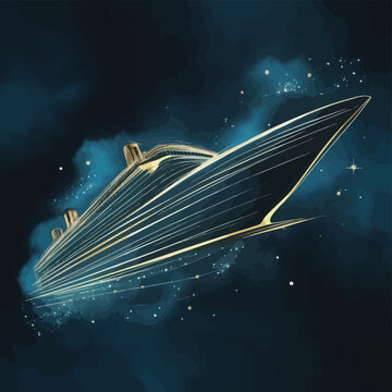 Ship. Abstract vector luxury ruise liner ship on dark blue night sky background with dots, stars.
