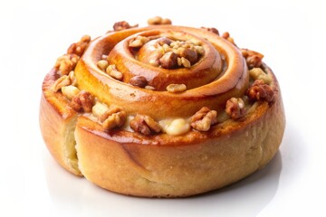 Fototapeta premium One cinnamon roll with nuts isolated on white background, sweet bun, cromboloni