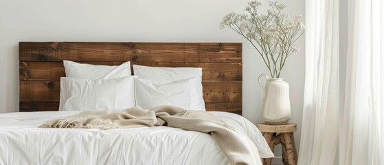 Minimalist bed with white linens and a wooden headboard