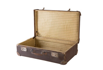 Old open brown worn out empty suitcase isolated on white background with clipping path