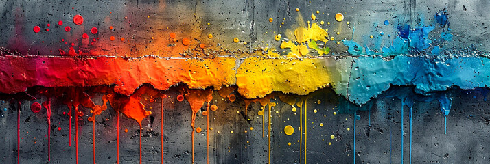 Colorful wall covered in paint splatters. Generative AI