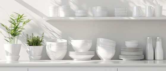 Minimalist kitchenware set with white dishes and bowls