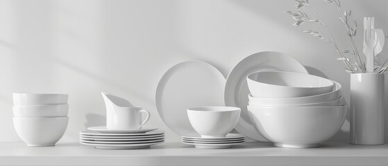 Minimalist kitchenware set with white dishes and bowls