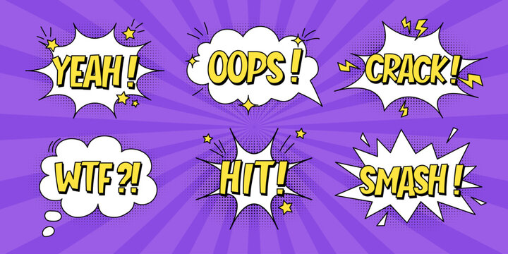 A set of speech bubbles with expressive yellow inscriptions, clouds and explosions in a comic style on a bright purple background. Retro banner in pop art style with halftone shadows, doodle elements.