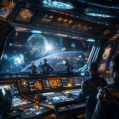 A scene inside a spacecraft's command center, with a diverse crew navigating through a holographic map of the solar system and controlling various advanced interfaces. Created using generative AI.