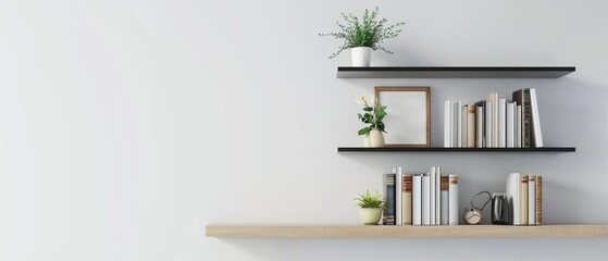 Modern minimalist bookshelf with few books and decor items