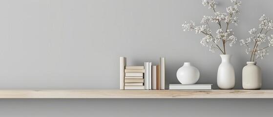 Modern minimalist bookshelf with few books and decor items