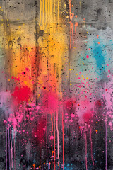 Colorful wall covered in paint splatters. Generative AI