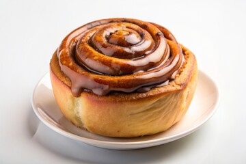 Fototapeta premium One cinnamon roll with moccacino isolated on white background, sweet bun, cromboloni