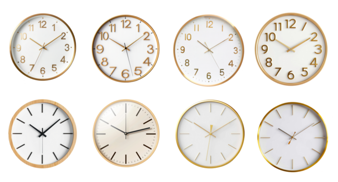 Set of different Modern wall clocks, PNG file of isolated cutout object on transparent background.