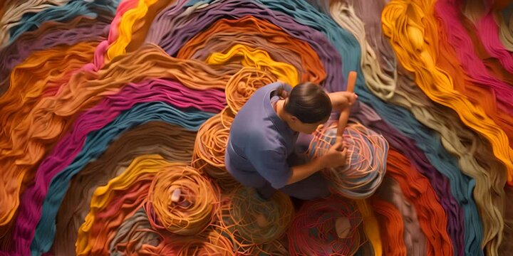 asian male making a colorful weave mat, in the style of net art.generative ai