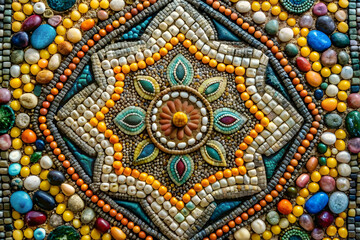 Fototapeta premium Create a stunning mosaic masterpiece with square shaped pebbles and glass pieces, using a mix of vibrant and muted colors for a unique and eye-catching effect