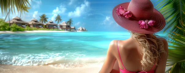 A woman wearing a pink hat is sitting on the beach