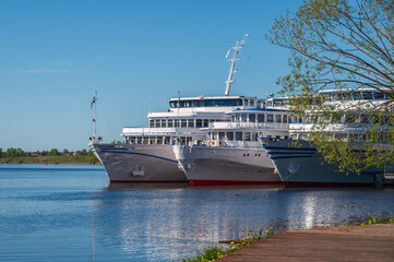 Cruise ships stand at the pier in the ancient Russian city of Uglich.