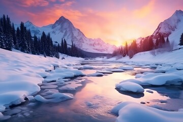 mountains lake winter season snowy sunset landscape beautiful nature ai visual concept - Powered by Adobe