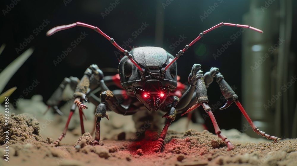 Poster an intense image of a robot ant with glowing red eyes, positioned aggressively in an underground set