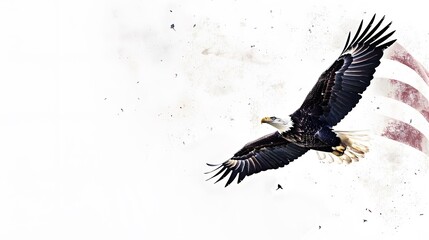 Obraz premium Illustration of an American bald eagle in front of USA's flag. The bald eagle is the emblem of the nation with its' fierce beauty and proud independence symbolizes the strength and freedom of America