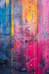 Colorful wall covered in paint splatters. Generative AI