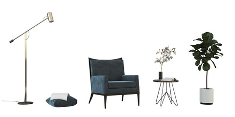 Modern living room cozy minimal with a sofa, armchair, table, and plants Interior furniture set 3D render. Living room house floor template mockup design , isolated on transparent background