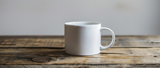 Simple white ceramic mug on a plain wooden table