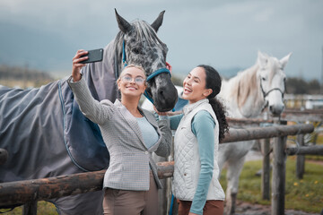 Happy, selfie and people at farm with horse for equestrian, training or adventure in countryside....