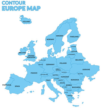 Mapa Europy z granicami nazwami państw z granatowym konturem i niebieskim wypełnieniem