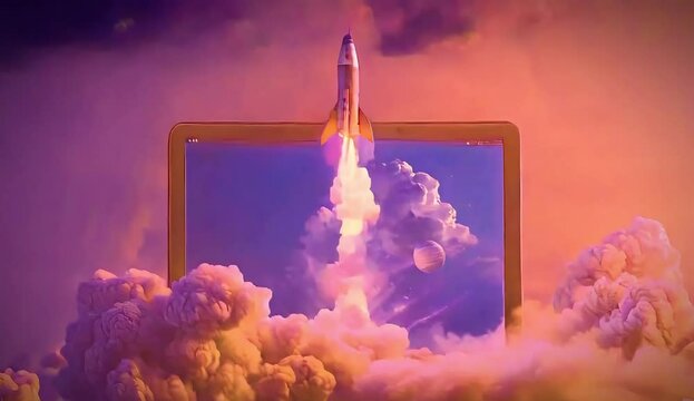 Animation of rocket coming out of laptop screen, hazy , vintage purple, and orange 
