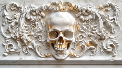 A golden-eyed skull embedded in ornate white floral bas-relief decorations, offering a gothic contrast on a luxurious backdrop