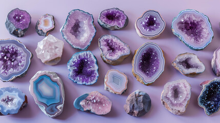 collection of beautiful geode slices, each with its own unique patterns and colors, arranged on a pastel lilac background, showcasing the natural beauty found in rock formations