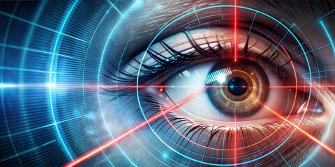 Data eye with laser ray. Abstract photo of eyes with technical background and red laser ray