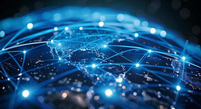 Digital Earth wrapped in a network of glowing fiber optics, connectivity theme