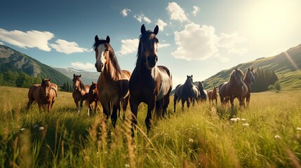 A photo of a group of horses grazing in a meadow.