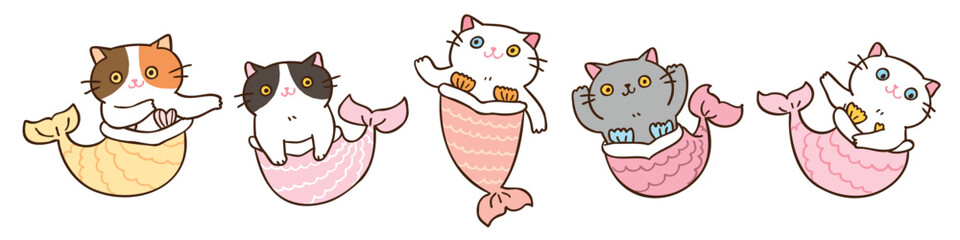 Vector Illustration of Cute Cartoon Mermaid Cat Characters on Isolated Background