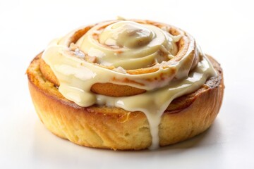One cinnamon roll cream cheese isolated on white background, sweet bun, cromboloni