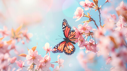 Beautiful butterfly and cherry blossom branch in sprin