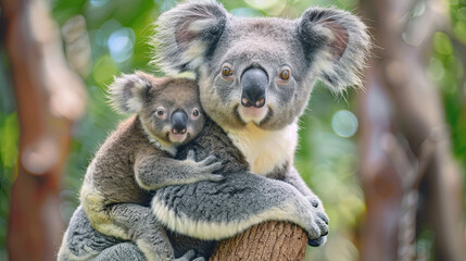 Fototapeta premium Mother koala with baby on her back 