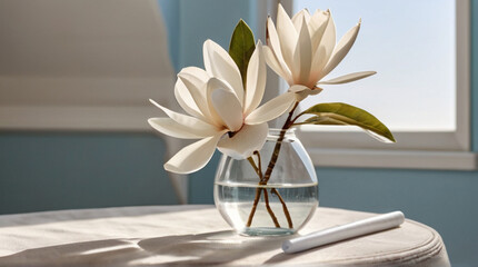 Elegant ravishing delicate magnolia flowers in the vase