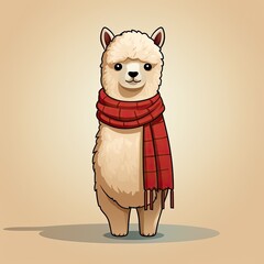 Obraz premium Cute alpaca wearing a red scarf, standing on a beige background. Adorable character illustration perfect for winter themes and animal lovers.