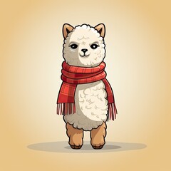 Obraz premium Cute cartoon alpaca with a red scarf, standing against a plain background. Perfect for winter or holiday-themed designs.