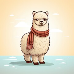 Obraz premium Cute illustrated alpaca wearing a scarf standing on snow with a calm background, ideal for winter-themed designs and projects.