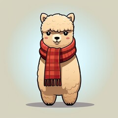 Obraz premium Cute cartoon alpaca wearing a red scarf, standing and smiling, perfect for children's illustration and design elements.