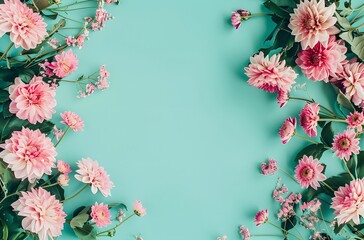 Flat lay of pastel pink roses and chrysanthemums on turquoise background